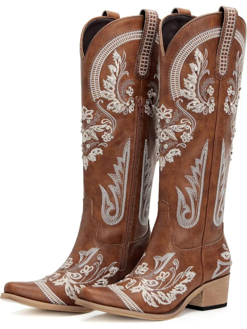 Women's Brown Faux Leather Rhinestone Knee High Cowgirl Snip Toe Zipper Boots